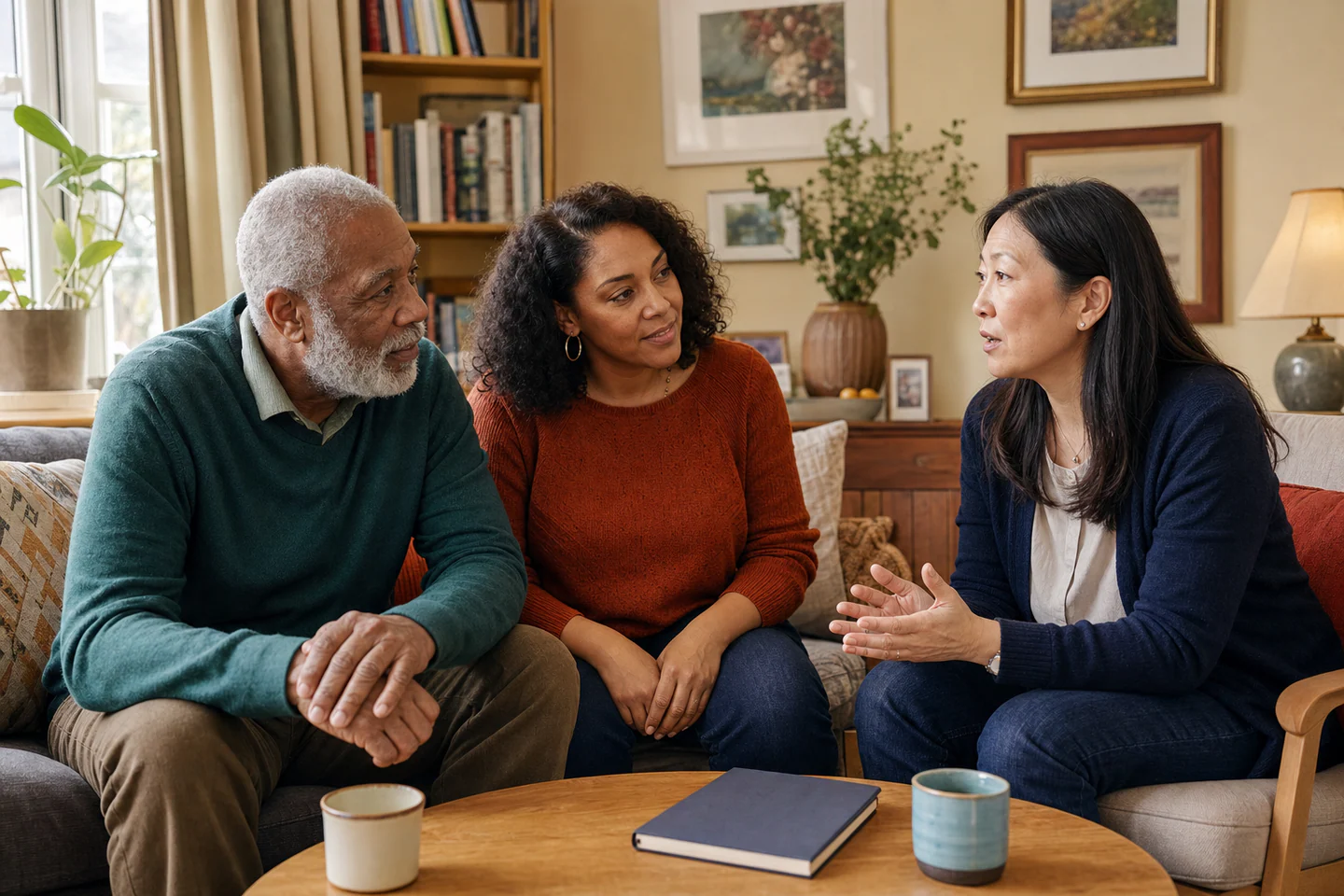 Black family discussing a care plan with an East Asian care professional