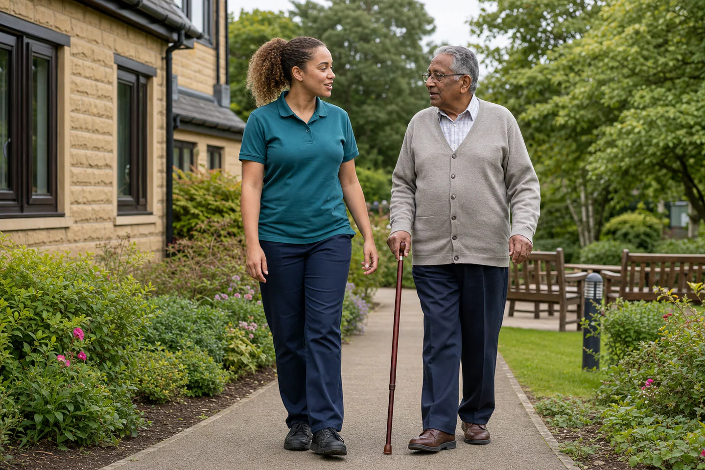 Mixed-race care professional walking with an older South Asian man in a care-home garden