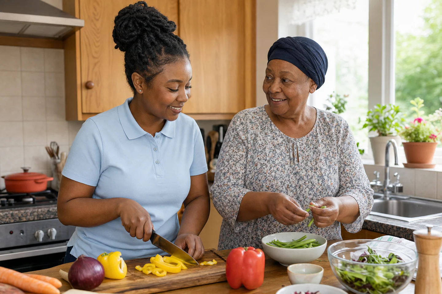 Black home-care worker preparing lunch with an older Black woman