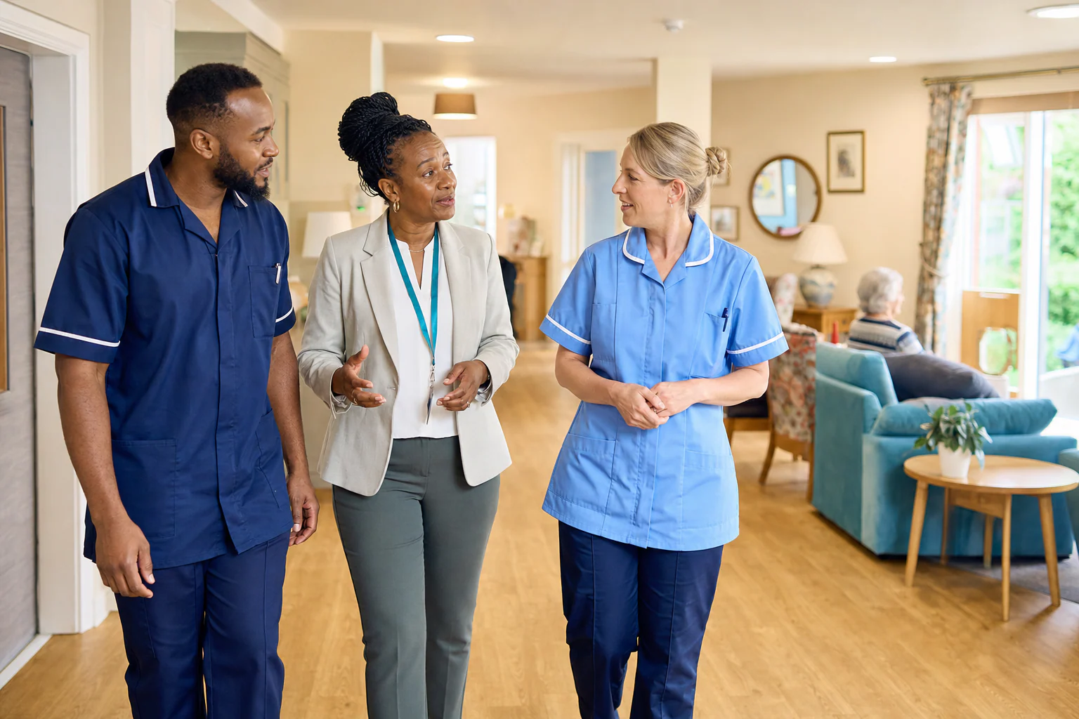Black care-home manager speaking with a diverse team of care professionals