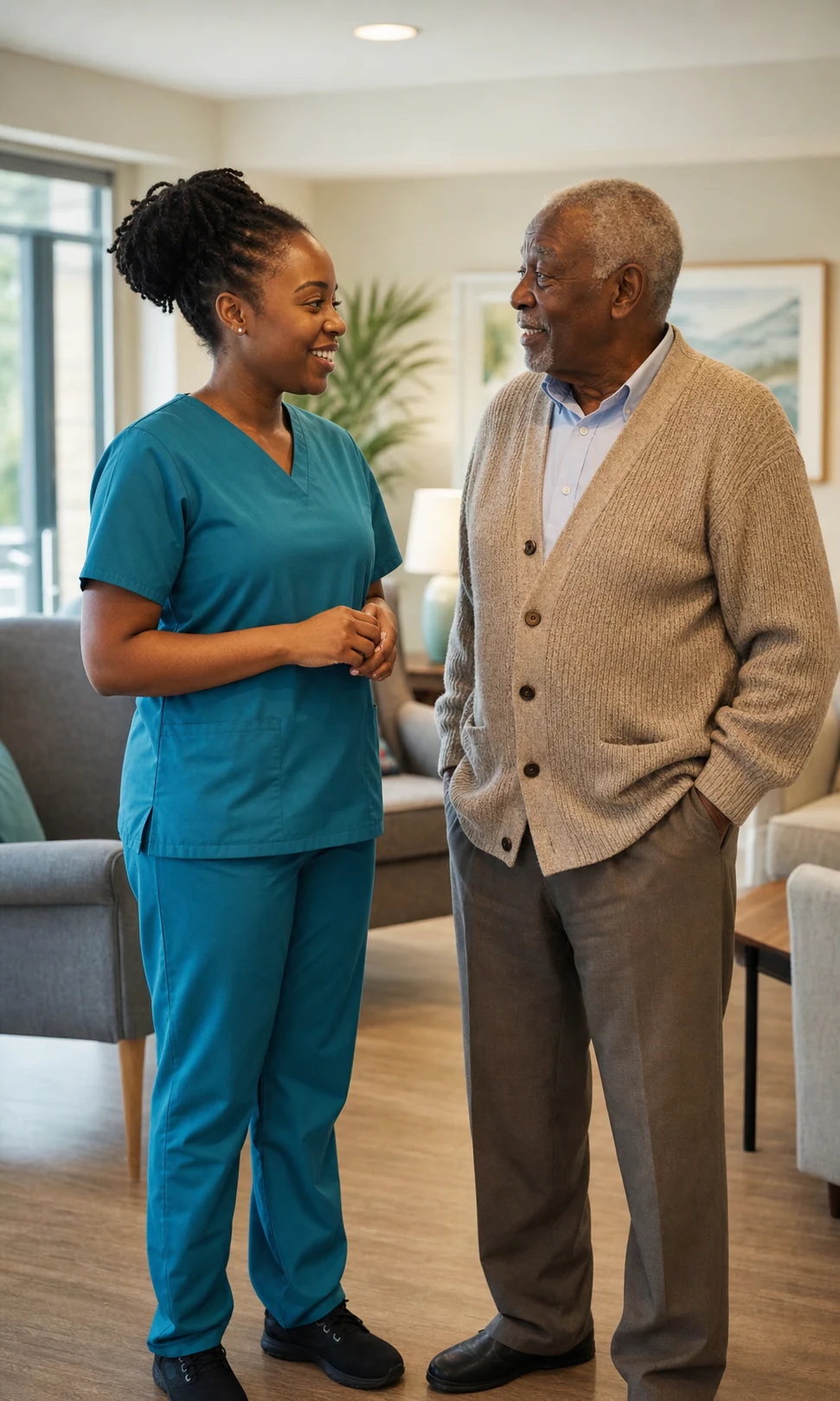 Black care professional talking with an older Black man in a residential care home