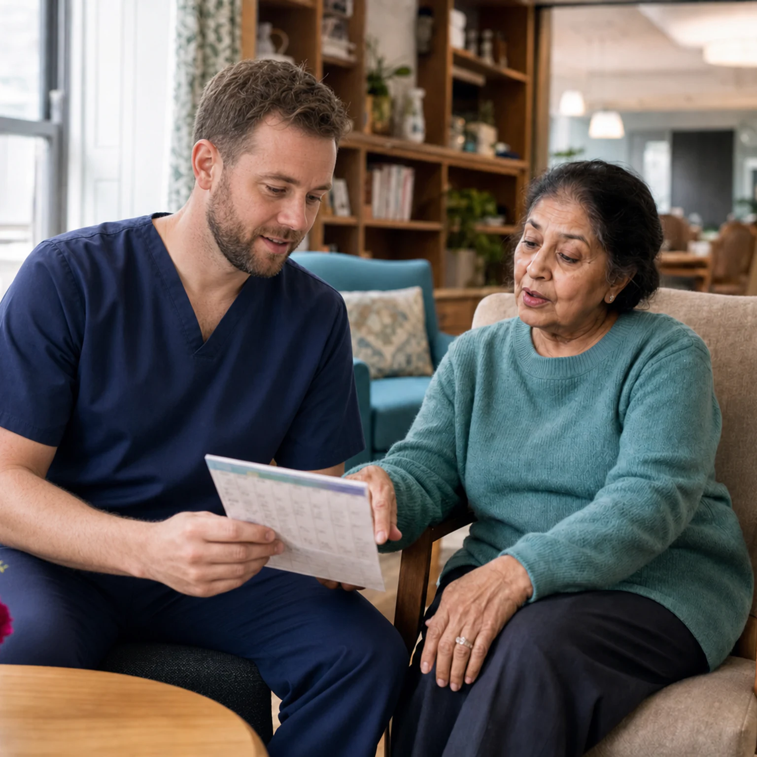 White care worker reviewing an activity schedule with an older South Asian woman